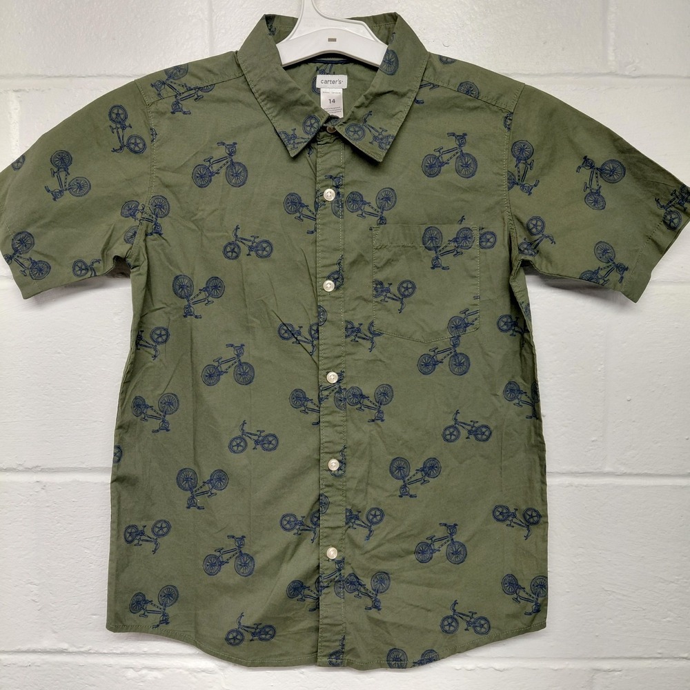 Carter's Youth Boys BMX Bike Print Shirt Green Navy Size 14 LARGE Button Up